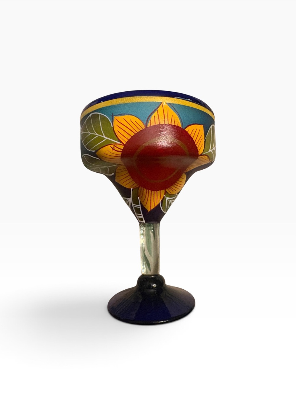 Margarita Glass Colbalt Blue Mexican Painted SUNFLOWER Hand-Blown Art Glass 10oz